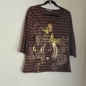 Blouse Women Large Brown and Gold Striped Top Graphics Academia Casual Artsy Y2K